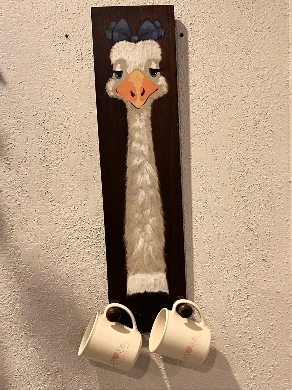 Vintage Hand Painted Ostrich Mug Rack Folk Art Wall Decor